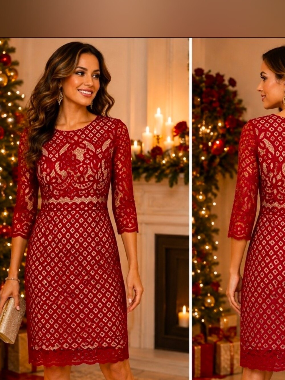 NWOT Gabby Skye Red Lace-Overlay Sheath Dress 3/4 Sleeves Cocktail Party *